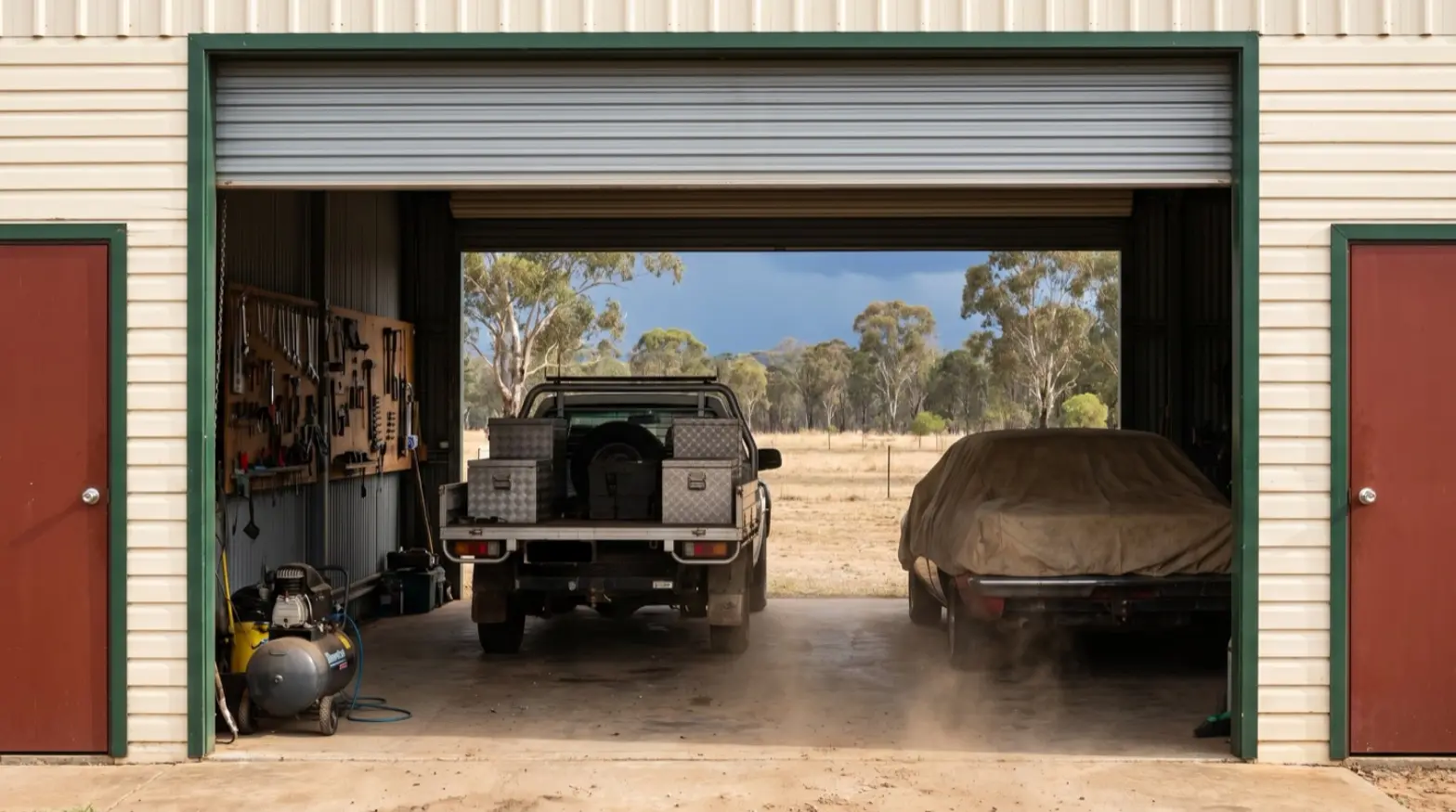 Looking out of a working shed through a half-open roller door at a ute tray of toolboxes, a compressor and a covered project car