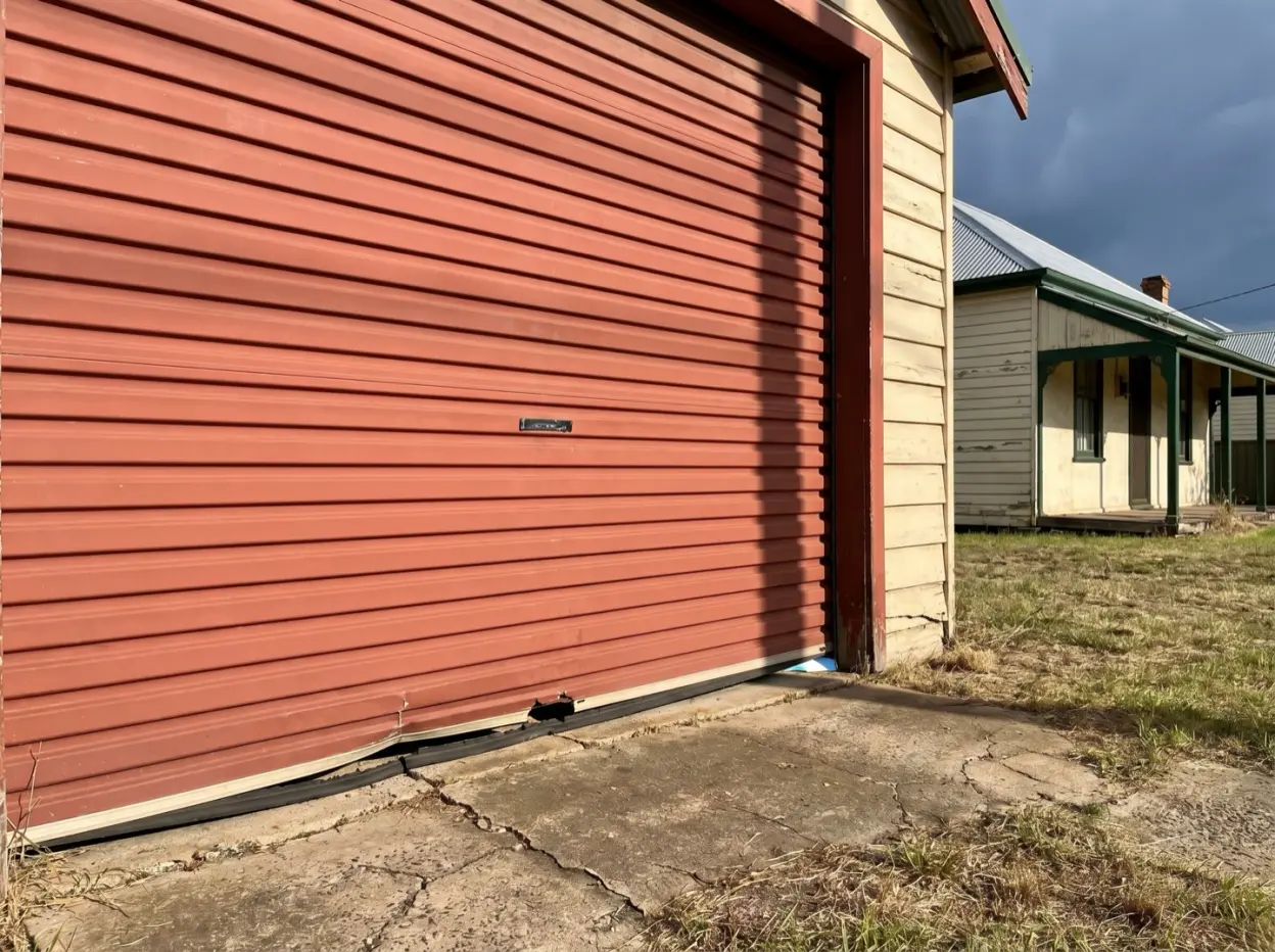 An old corrugated roller door in faded red oxide paint on an interwar weatherboard cottage garage