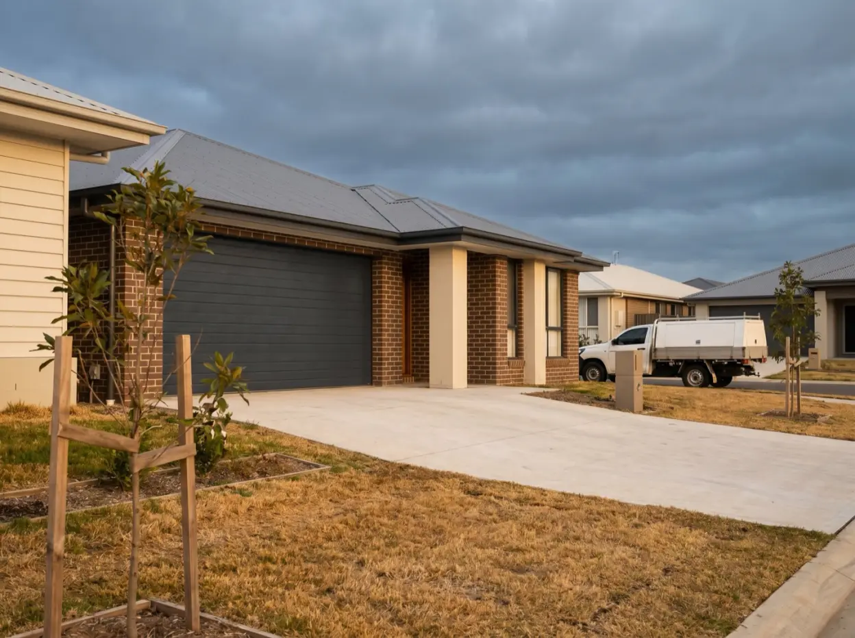 A new double sectional garage door on a modern brick and render house in a growth estate street