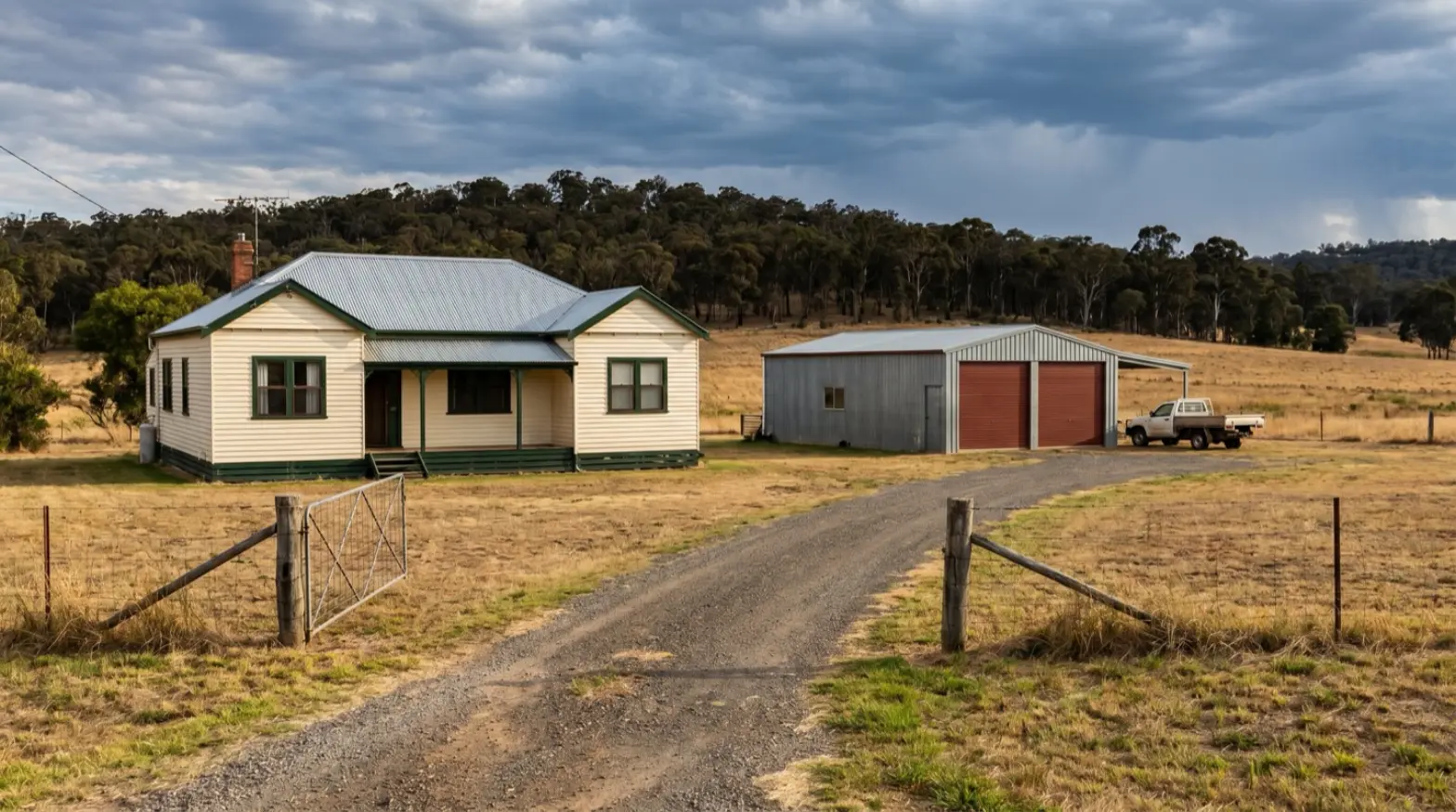 A Millfield acreage block with a weatherboard farmhouse, a big steel shed with red roller doors and a long gravel drive