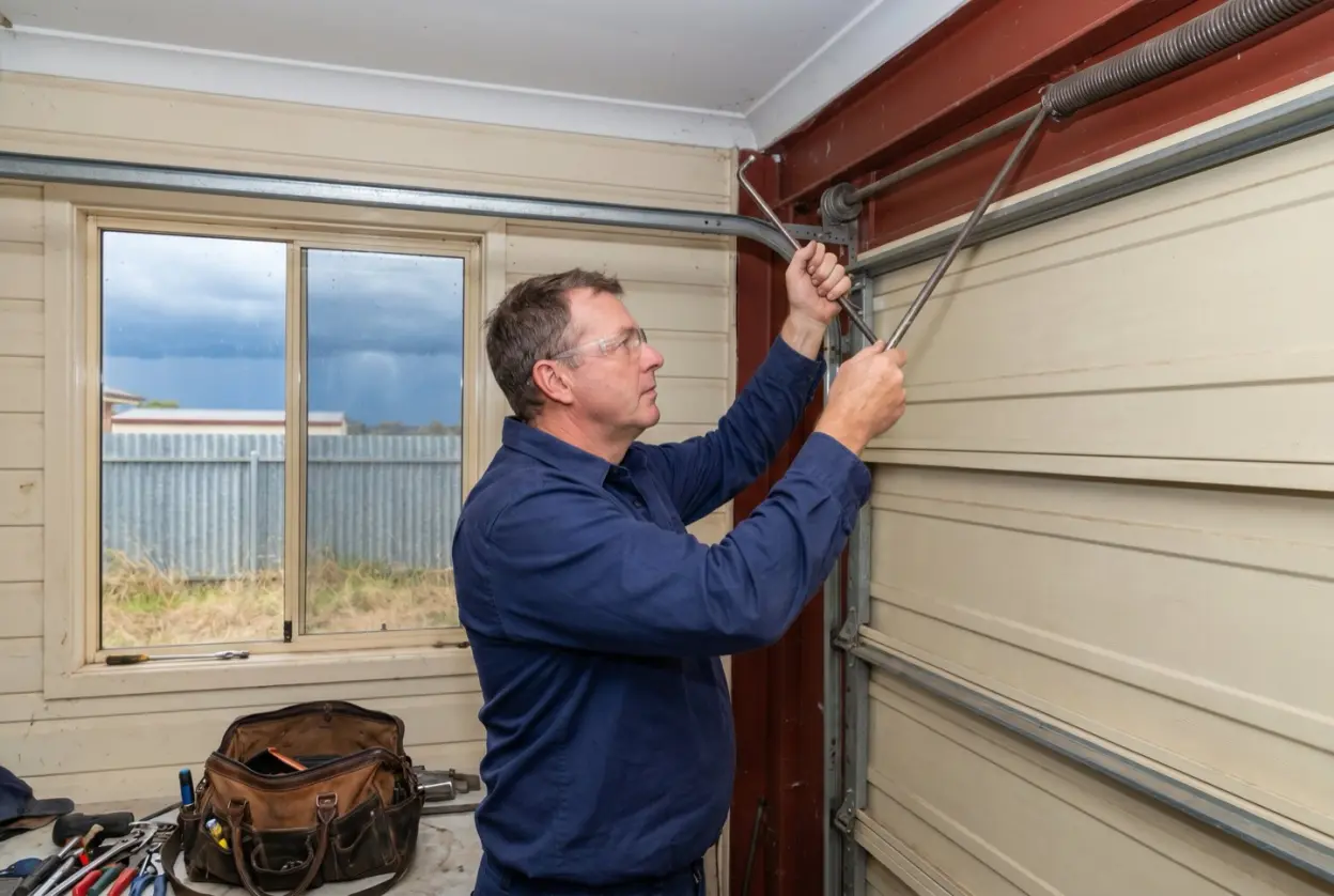 A garage door technician in safety glasses working on the torsion spring of a sectional door with winding bars